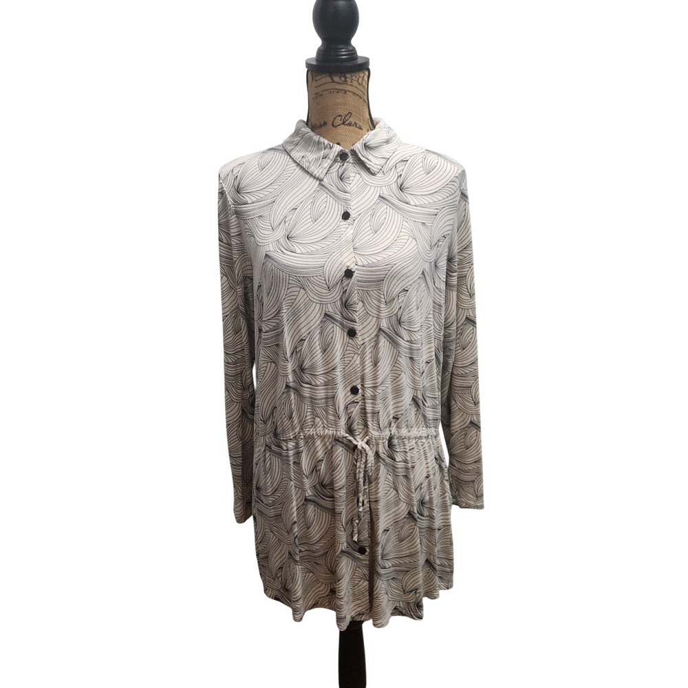 J Jill Wearever Collection L Cream Black Print Stretch Knit Dress